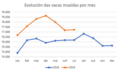 EVOLUCION DAS VACAS MUXIDAS POR MES